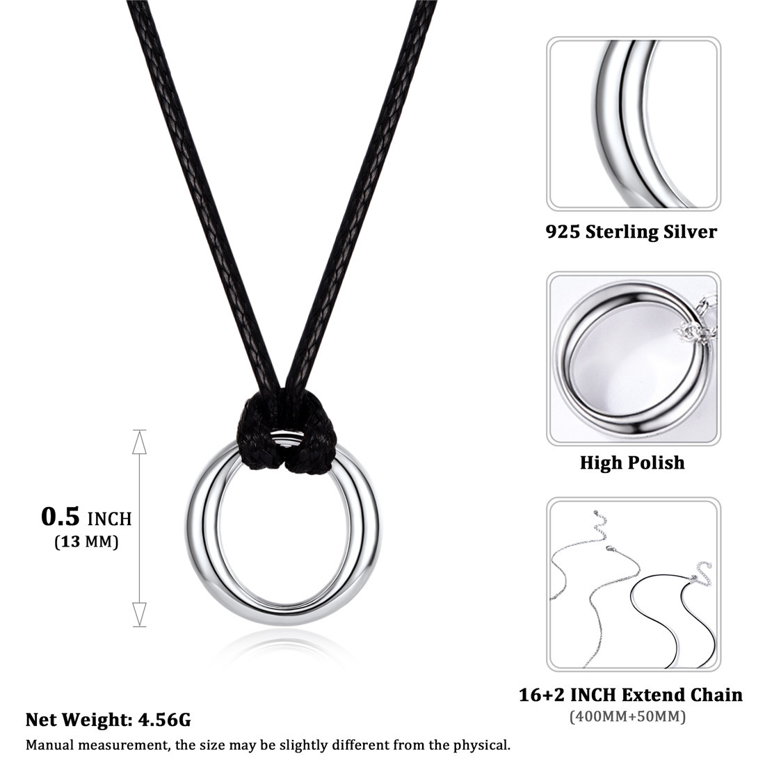 925 Sterling Silver Double Circle Pendant Necklace size