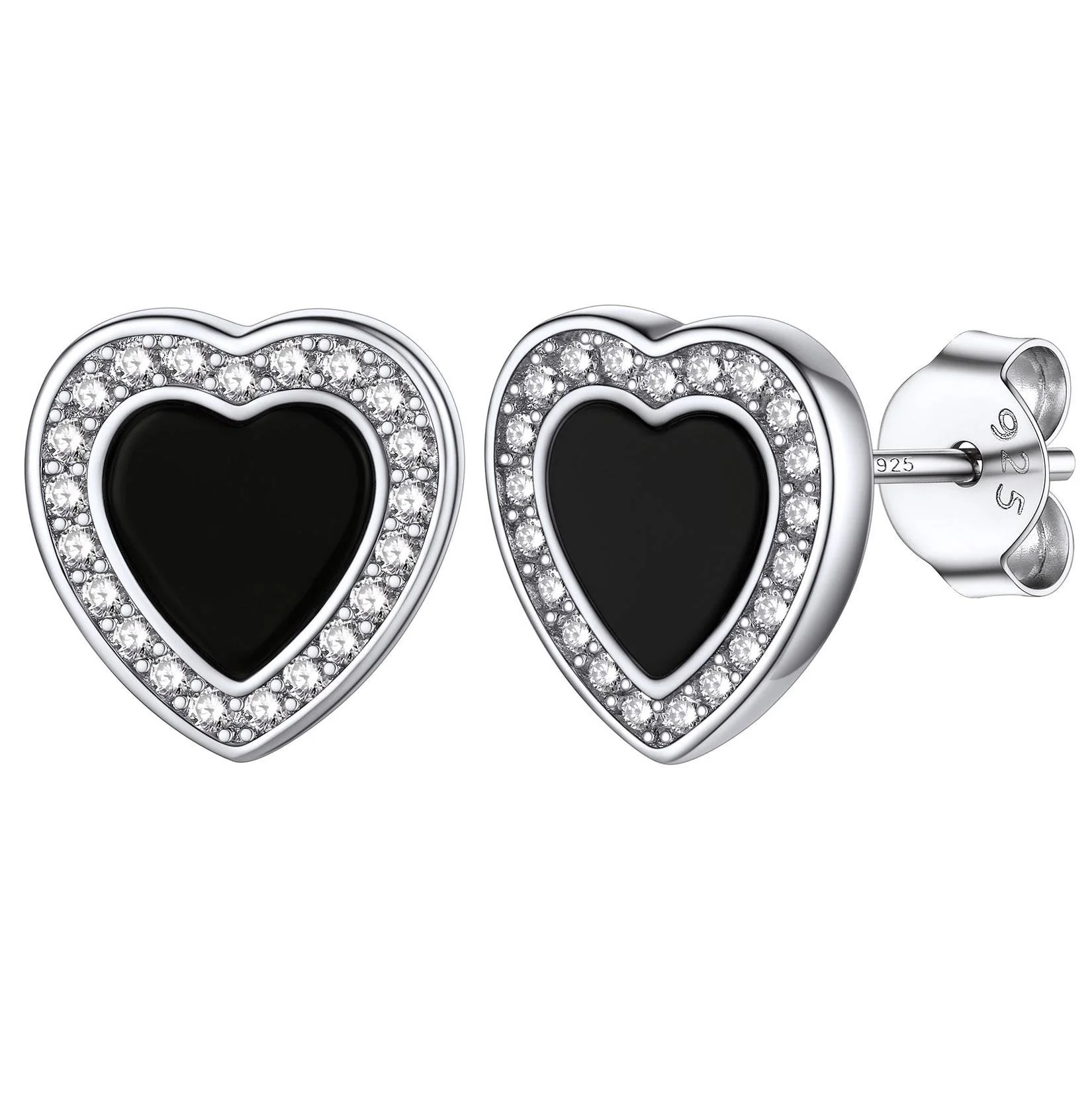 Flash Sale 925 Sterling Silver Heart Black Onyx Stud Earrings