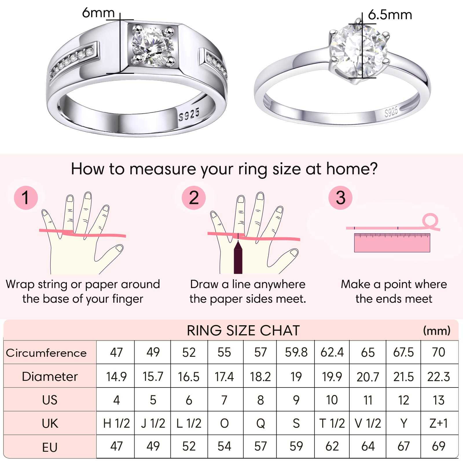 925 Sterling Silver Promise Rings for Couple with CZ Size Guide