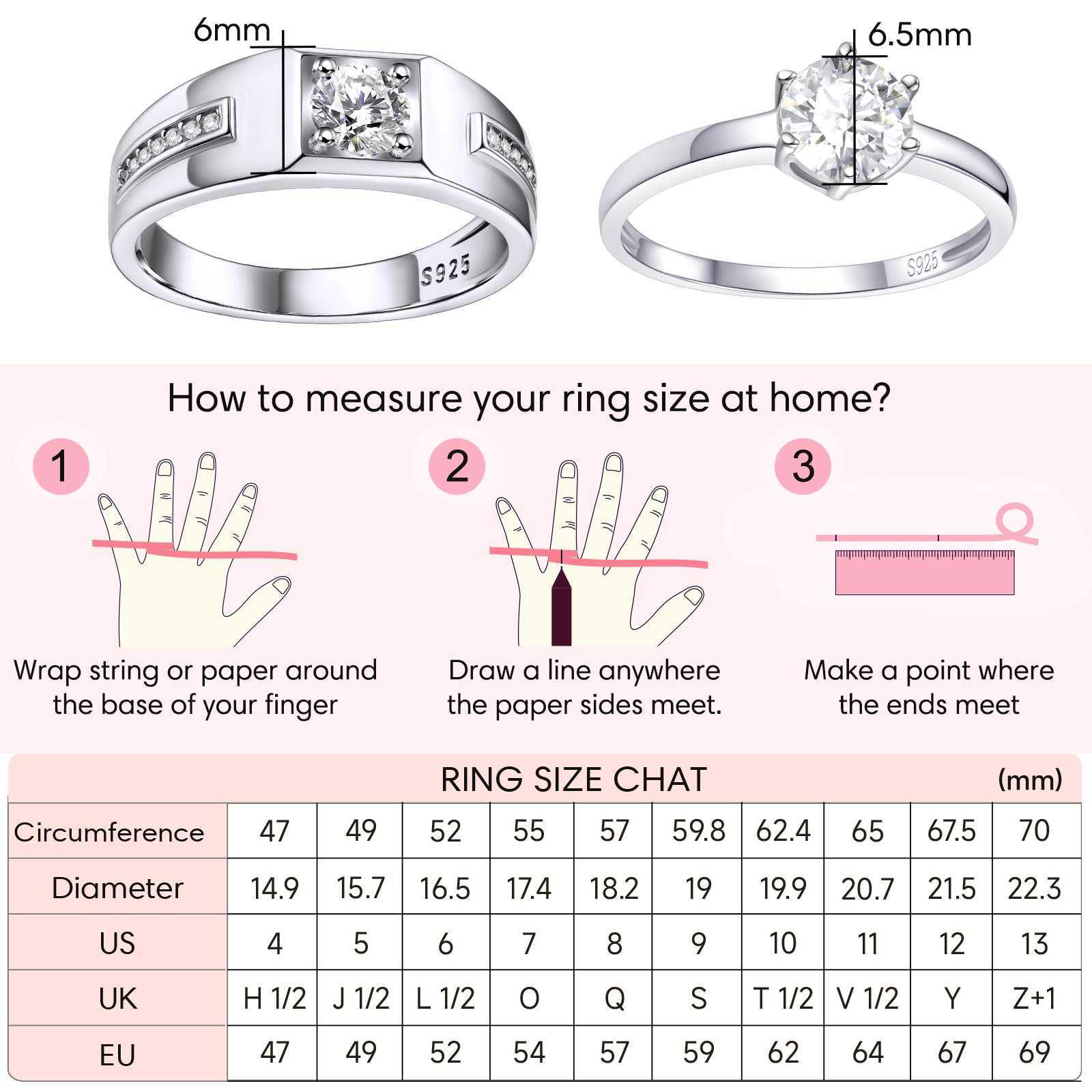 925 Sterling Silver Promise Rings for Couple with CZ Size Guide