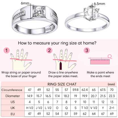 925 Sterling Silver Promise Rings for Couple with CZ Size Guide