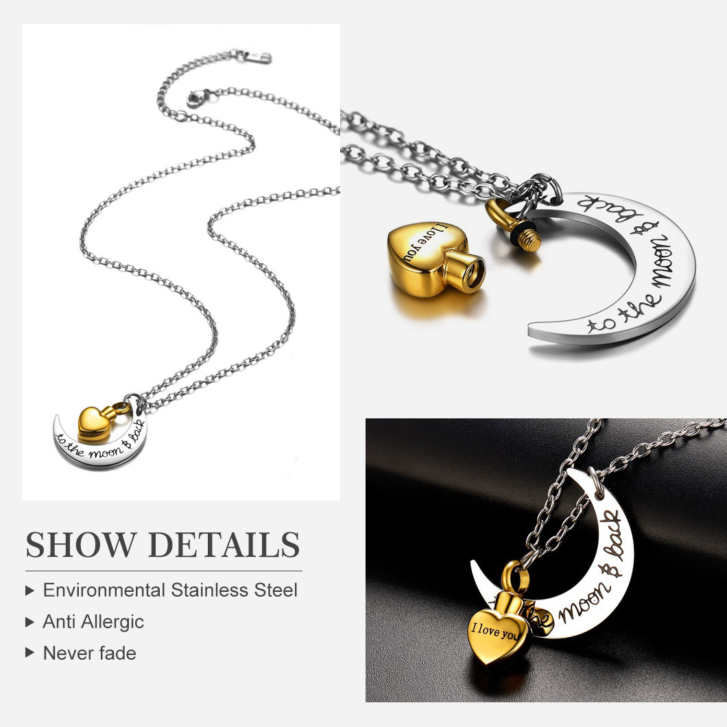 Moon Heart Urn Necklaces for Ashes Cremation detail