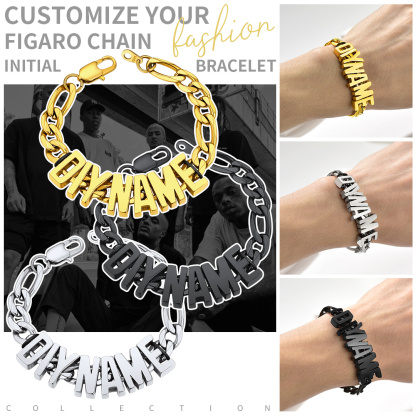 9MM Custom Figaro Link Name Bracelet for Men 3 Colors