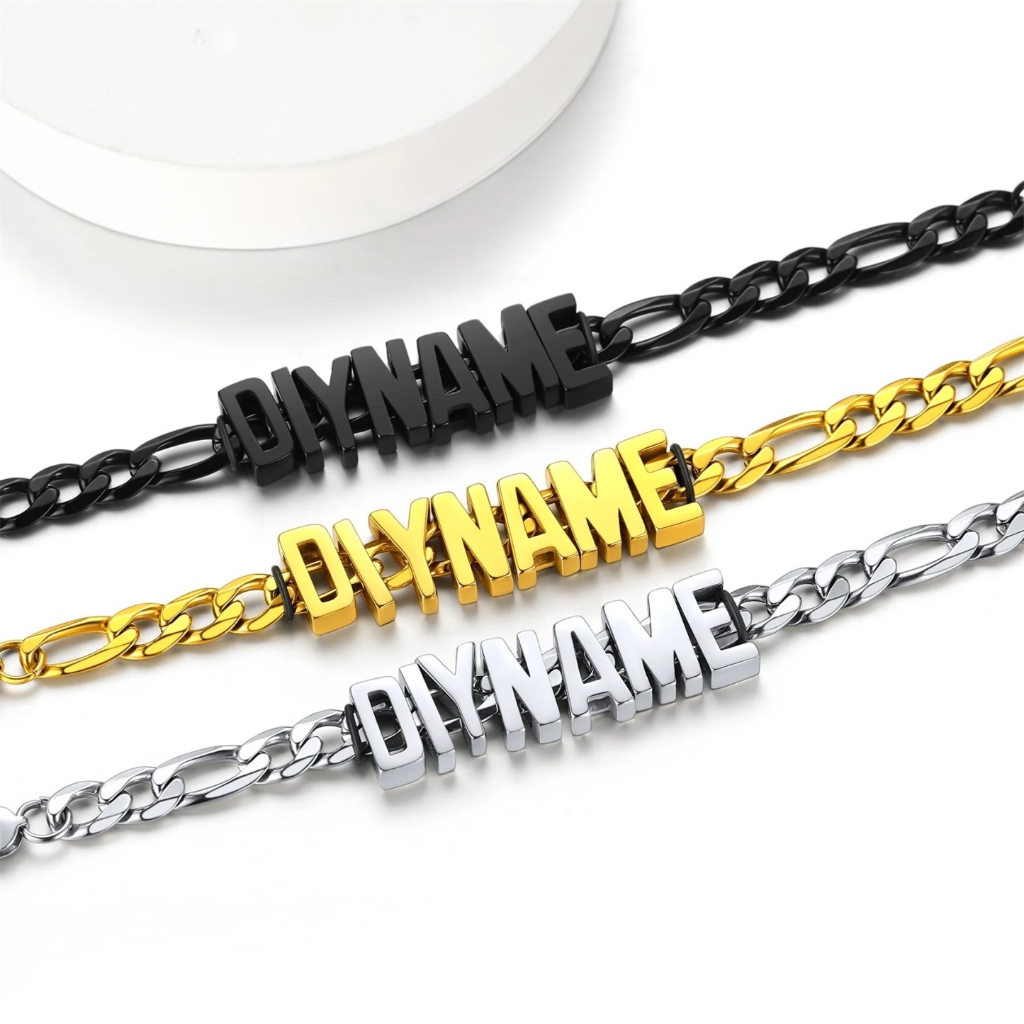 9MM Custom Figaro Link Name Bracelet for Men Silver Gold Black