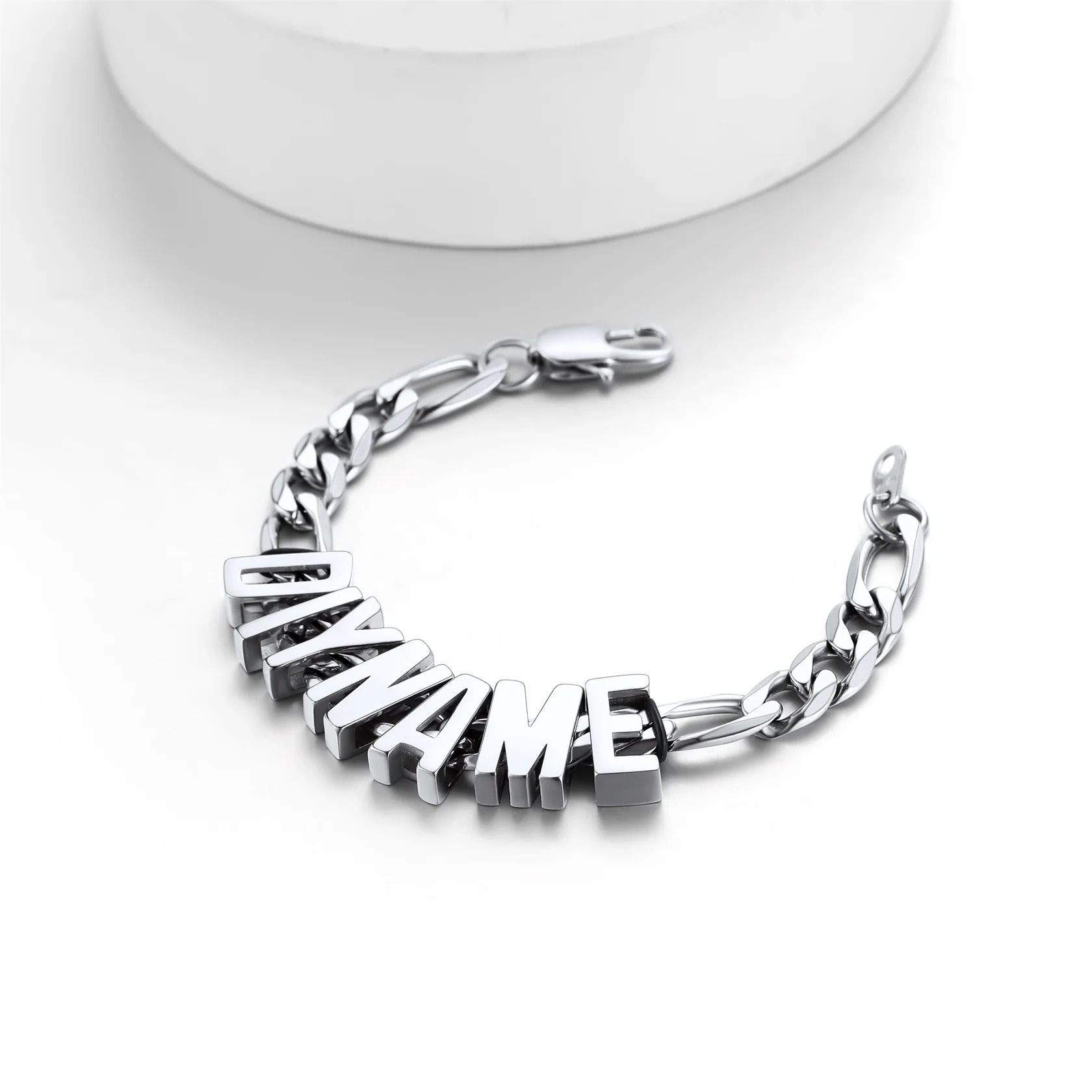 9MM Custom Figaro Link Name Bracelet for Men Silver Detail