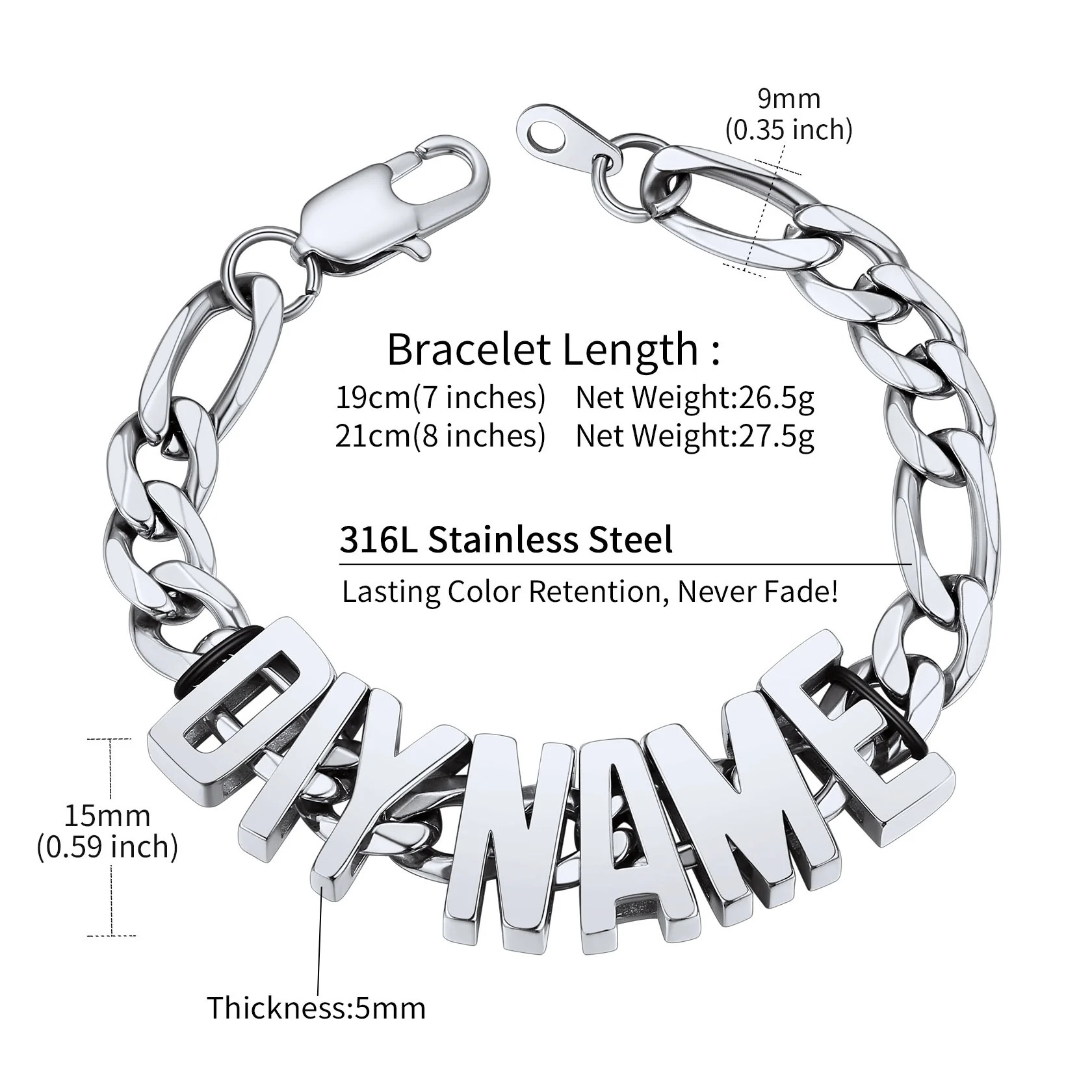 Custom Figaro Link Name Bracelet for Men Size