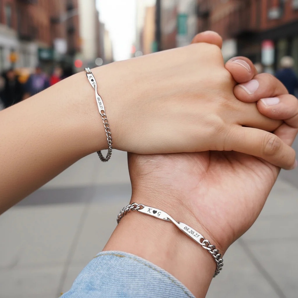 A Couple Wearing Personalized Name Mobius Matching Bracelets