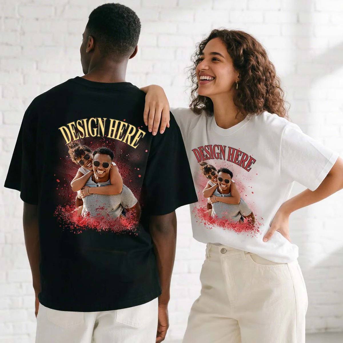 A Couple Wearing Photo and Text T-Shirts for Women Men