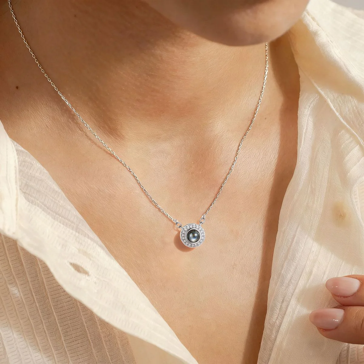 A Woman Wearing Cubic Zirconia Halo Photo Projection Necklace