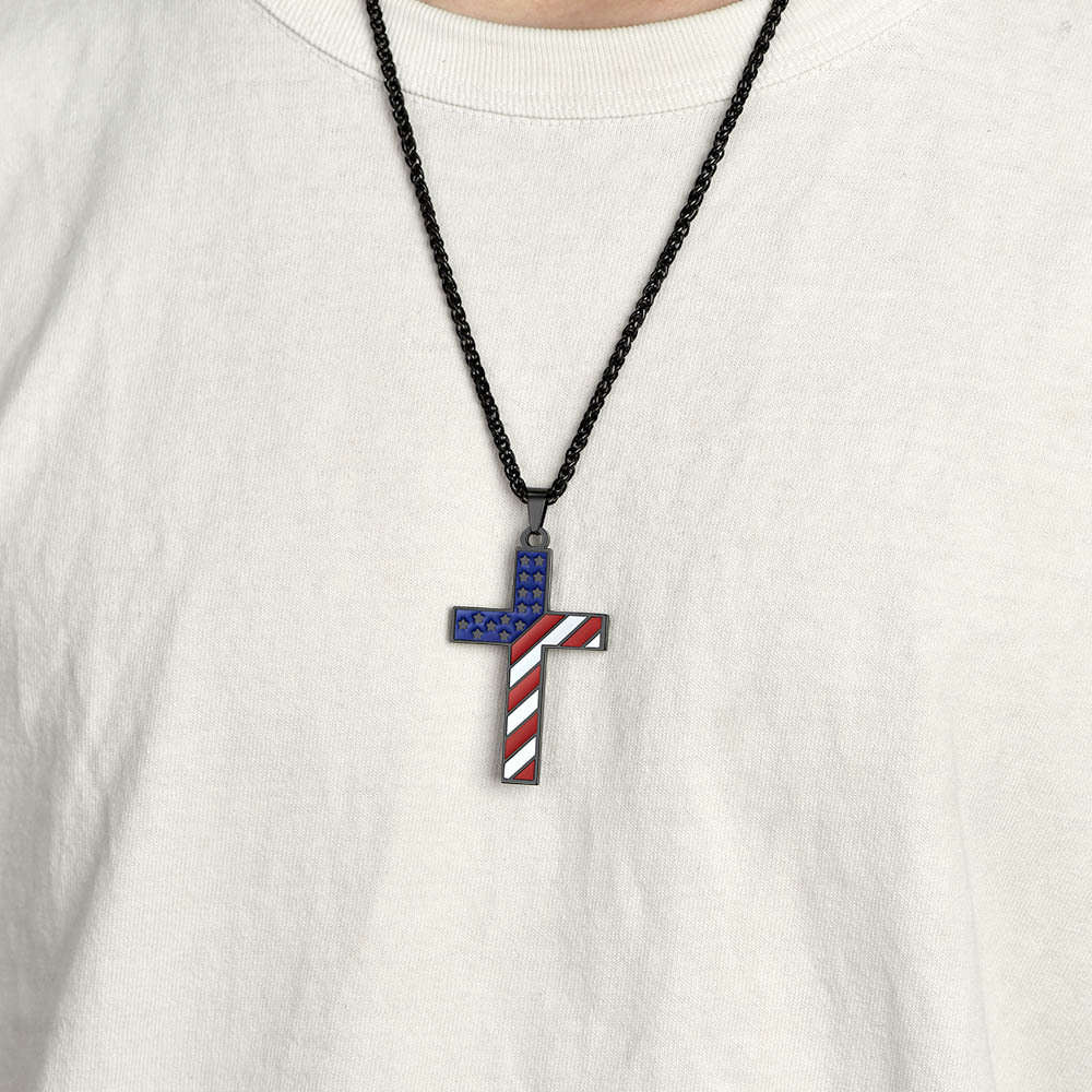 American Flag Cross Pendant Necklace for Men Women