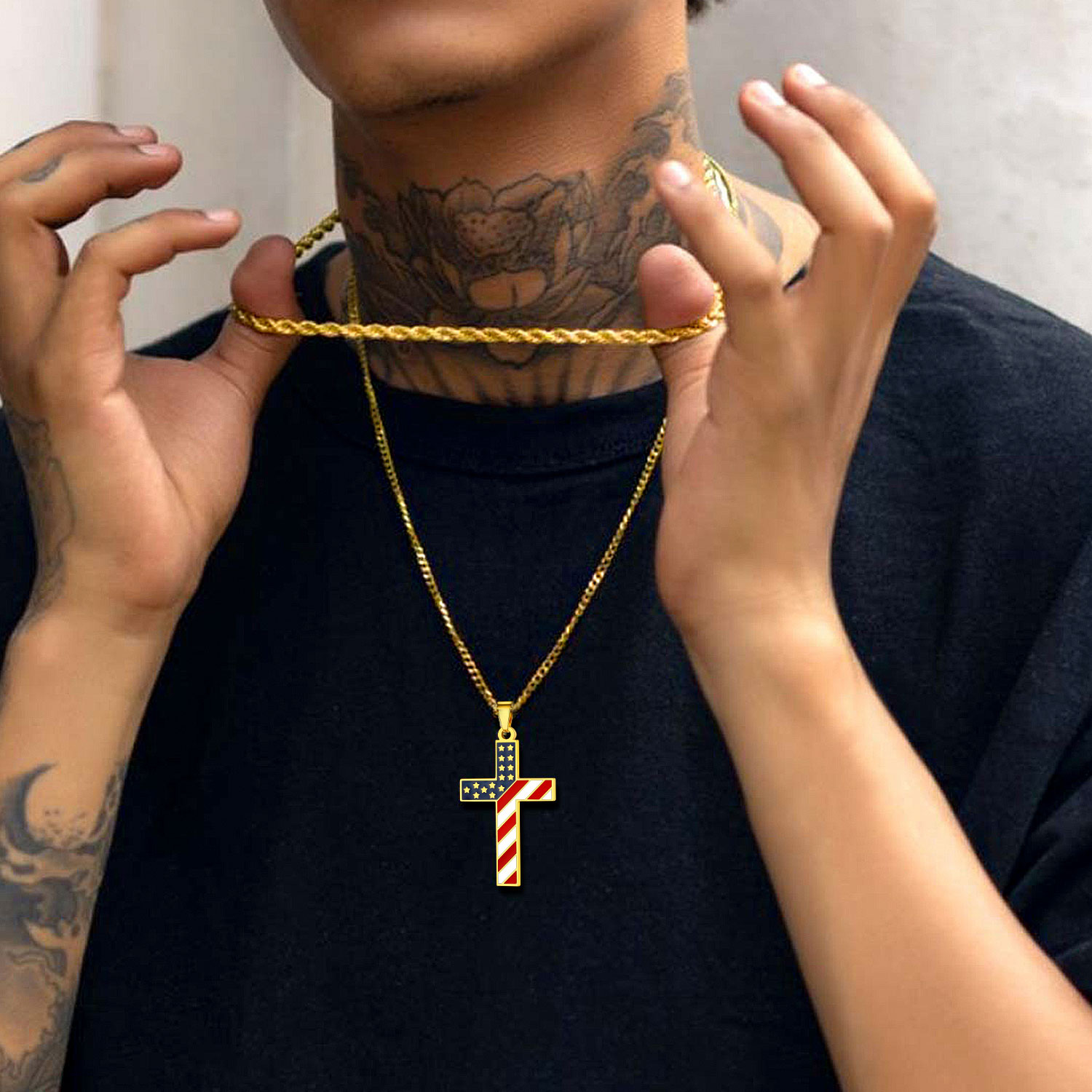 American Flag Cross Pendant Necklace for Men Women