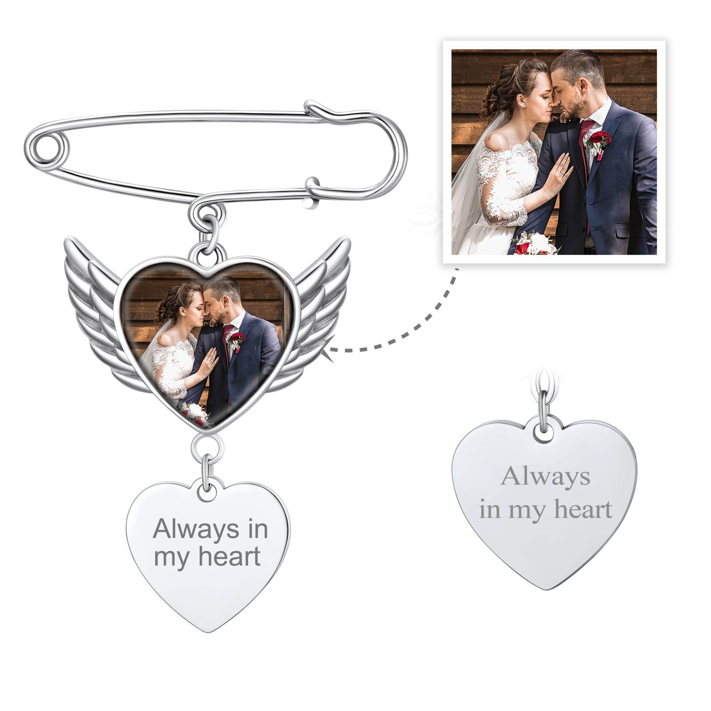 Custom Angel Wing Wedding Bouquet Heart Photo Charms Brooch Pins