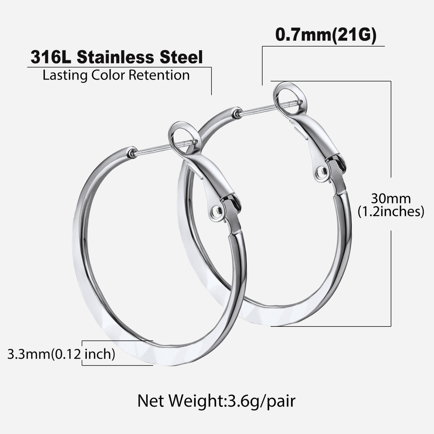 Hoop Earrings For Women Stainless Steel Hoops Lightweight Gothic Jewelry 30mm size