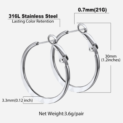 Hoop Earrings For Women Stainless Steel Hoops Lightweight Gothic Jewelry 30mm size