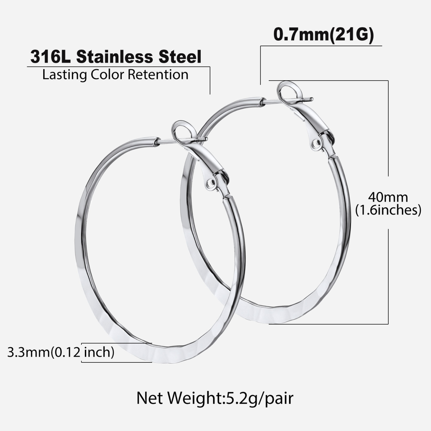 Hoop Earrings For Women Stainless Steel Hoops Lightweight Gothic Jewelry 40mm size