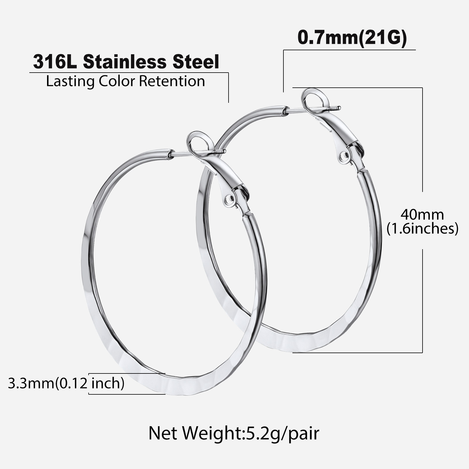 Hoop Earrings For Women Stainless Steel Hoops Lightweight Gothic Jewelry 40mm size