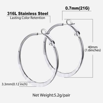 Hoop Earrings For Women Stainless Steel Hoops Lightweight Gothic Jewelry 40mm size