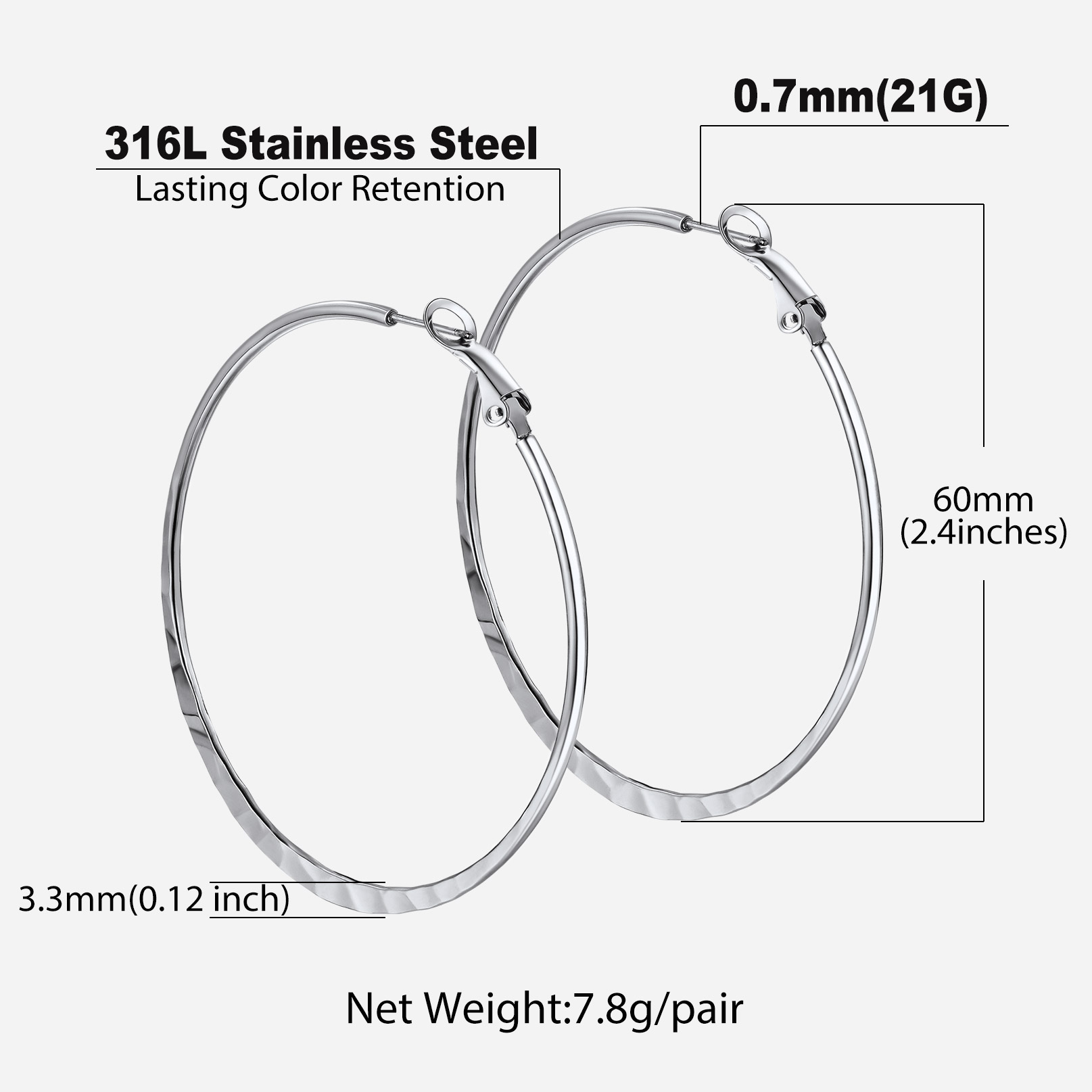 Hoop Earrings For Women Stainless Steel Hoops Lightweight Gothic Jewelry 60mm size