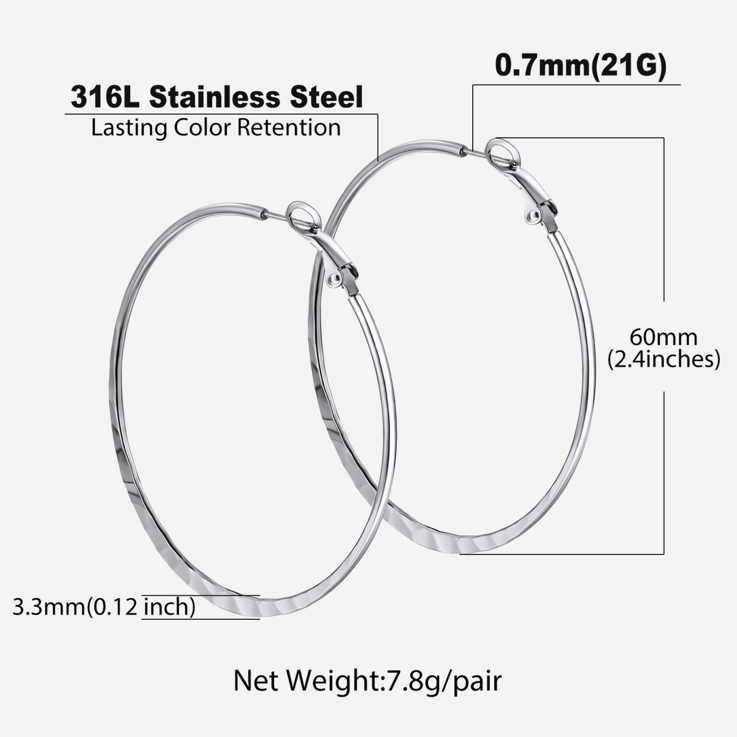 Hoop Earrings For Women Stainless Steel Hoops Lightweight Gothic Jewelry 60mm size