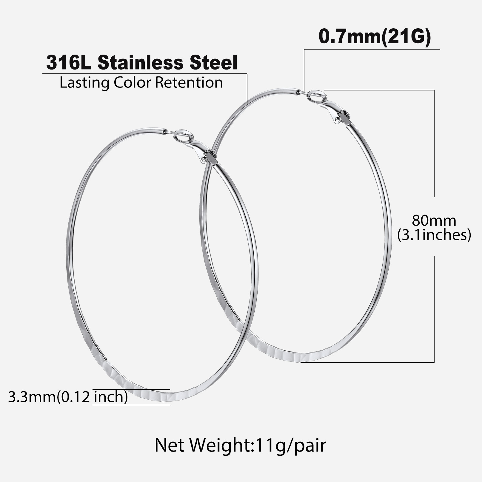 Hoop Earrings For Women Stainless Steel Hoops Lightweight Gothic Jewelry 80mm size