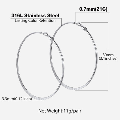 Hoop Earrings For Women Stainless Steel Hoops Lightweight Gothic Jewelry 80mm size