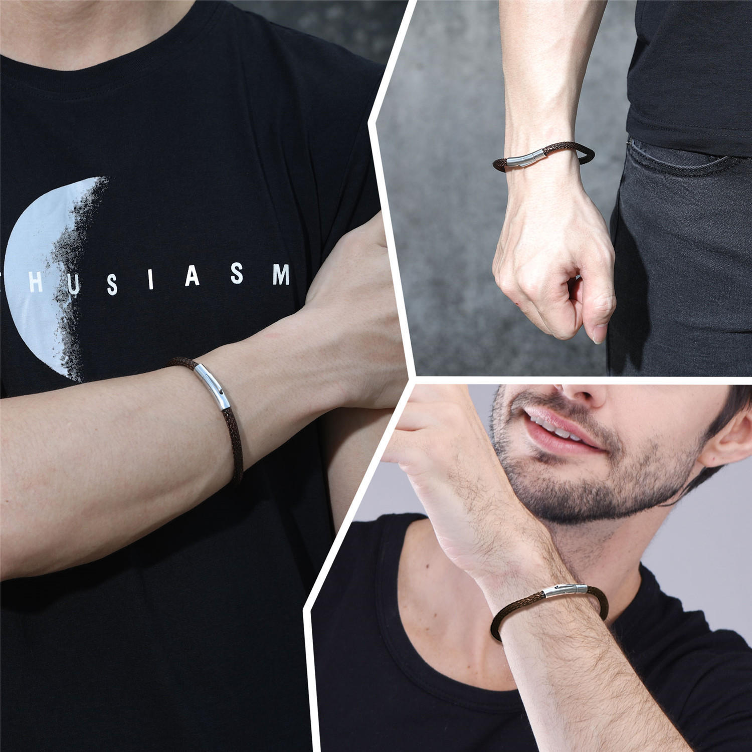 Custom Engraved Leather Bracelet with Magnetic Clasp for Men