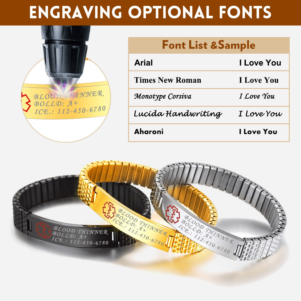Custom Engraved Medical Alert ID Tags Bracelet 5 fonts