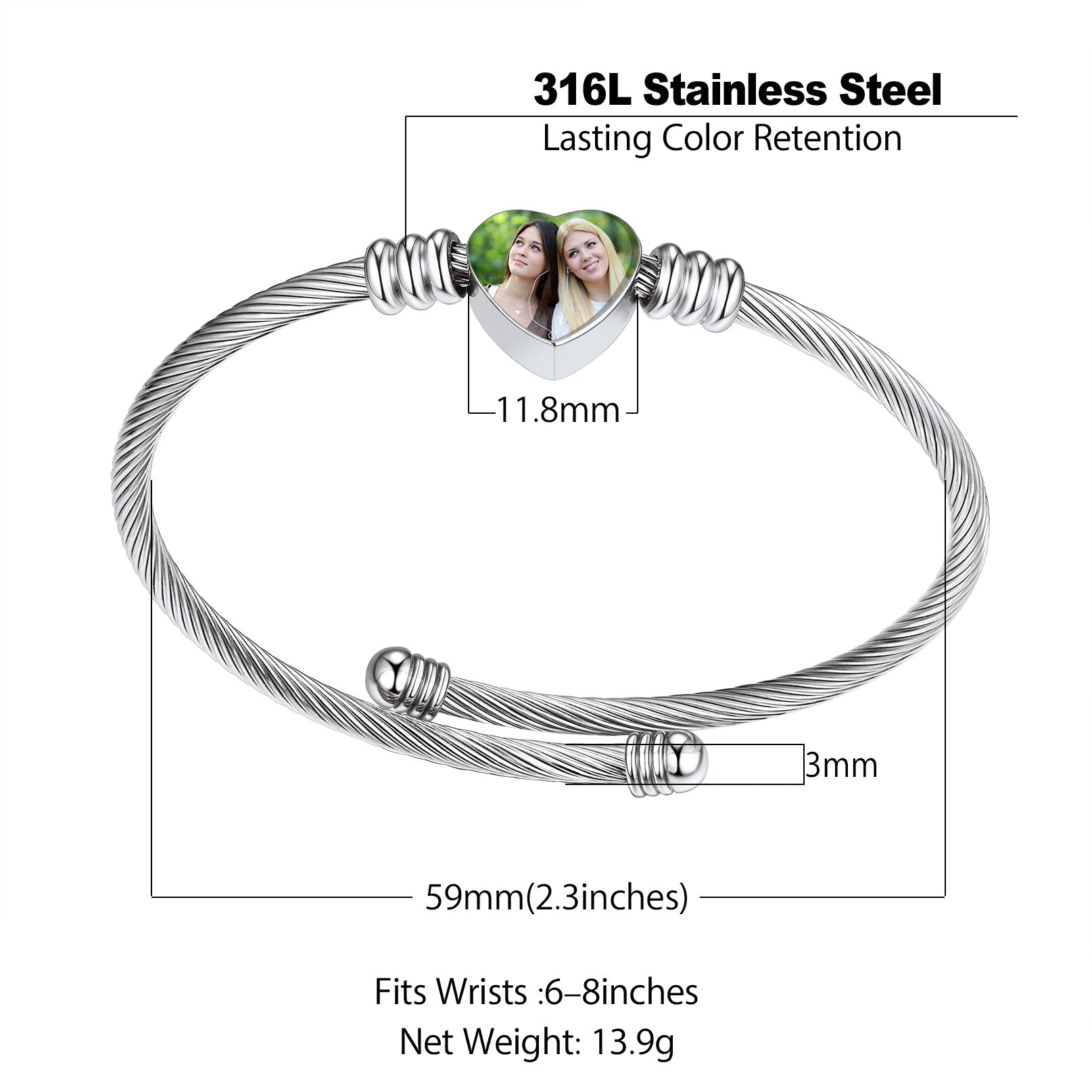 Custom Picture Heart Cuff Bracelet with Picture for Women detail