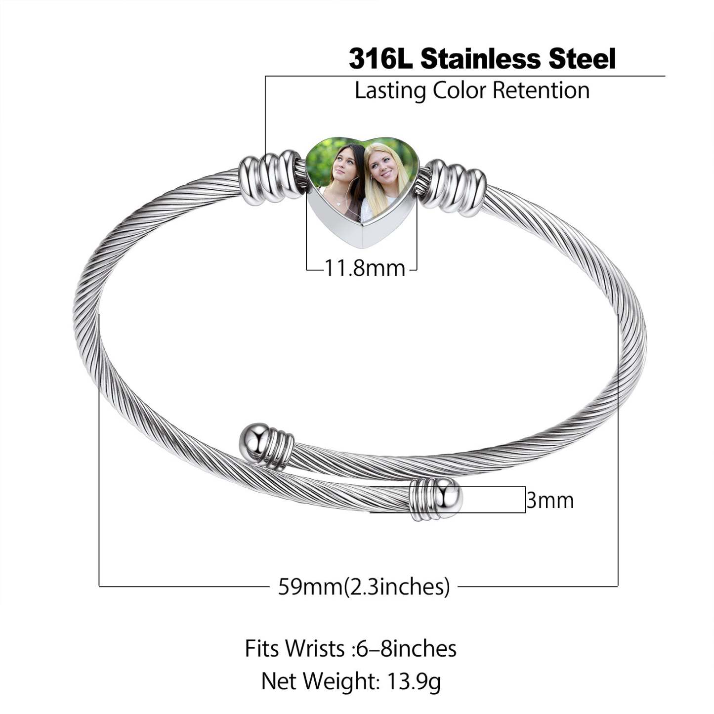 Custom Picture Heart Cuff Bracelet with Picture for Women detail