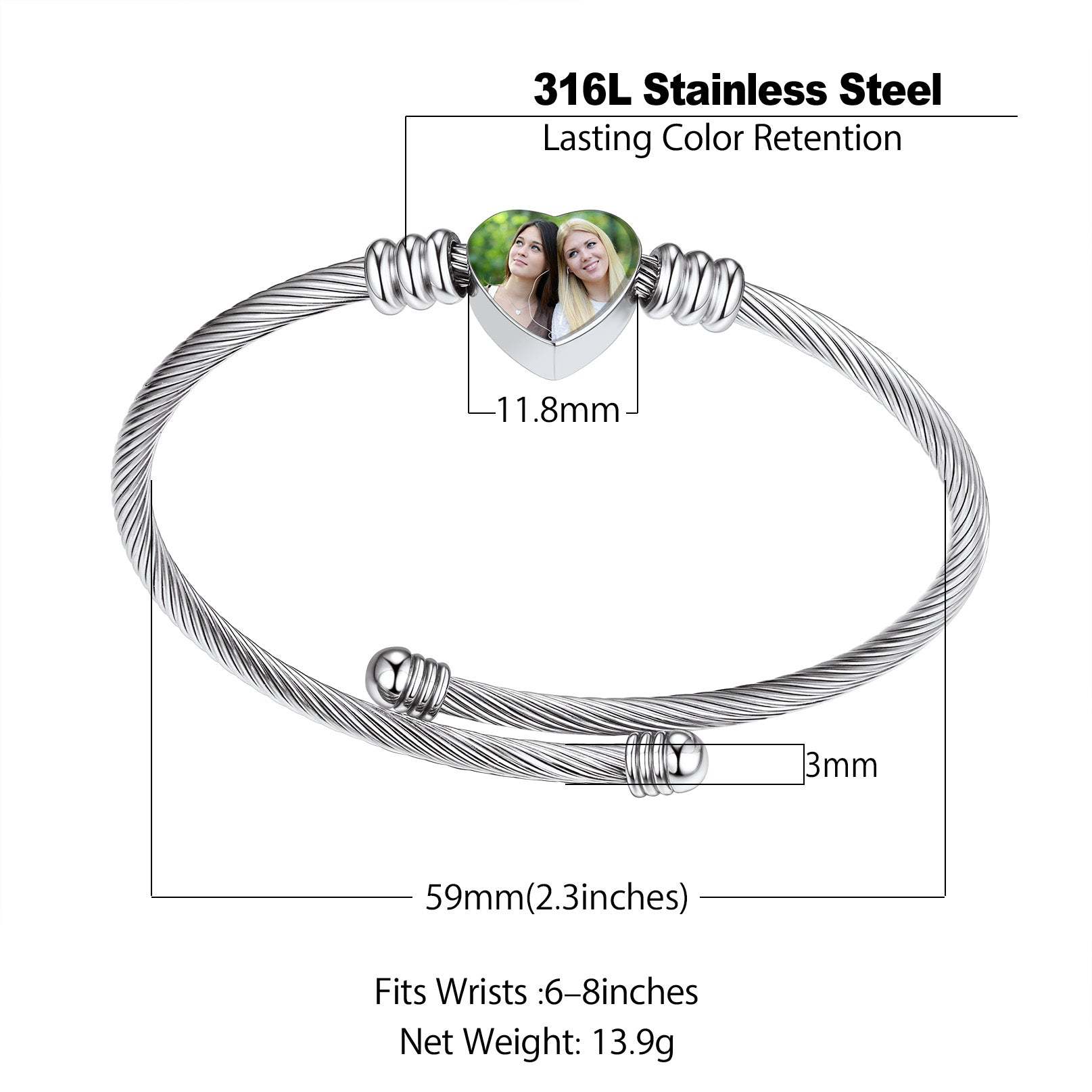 Custom Picture Heart Cuff Bracelet with Picture for Women detail