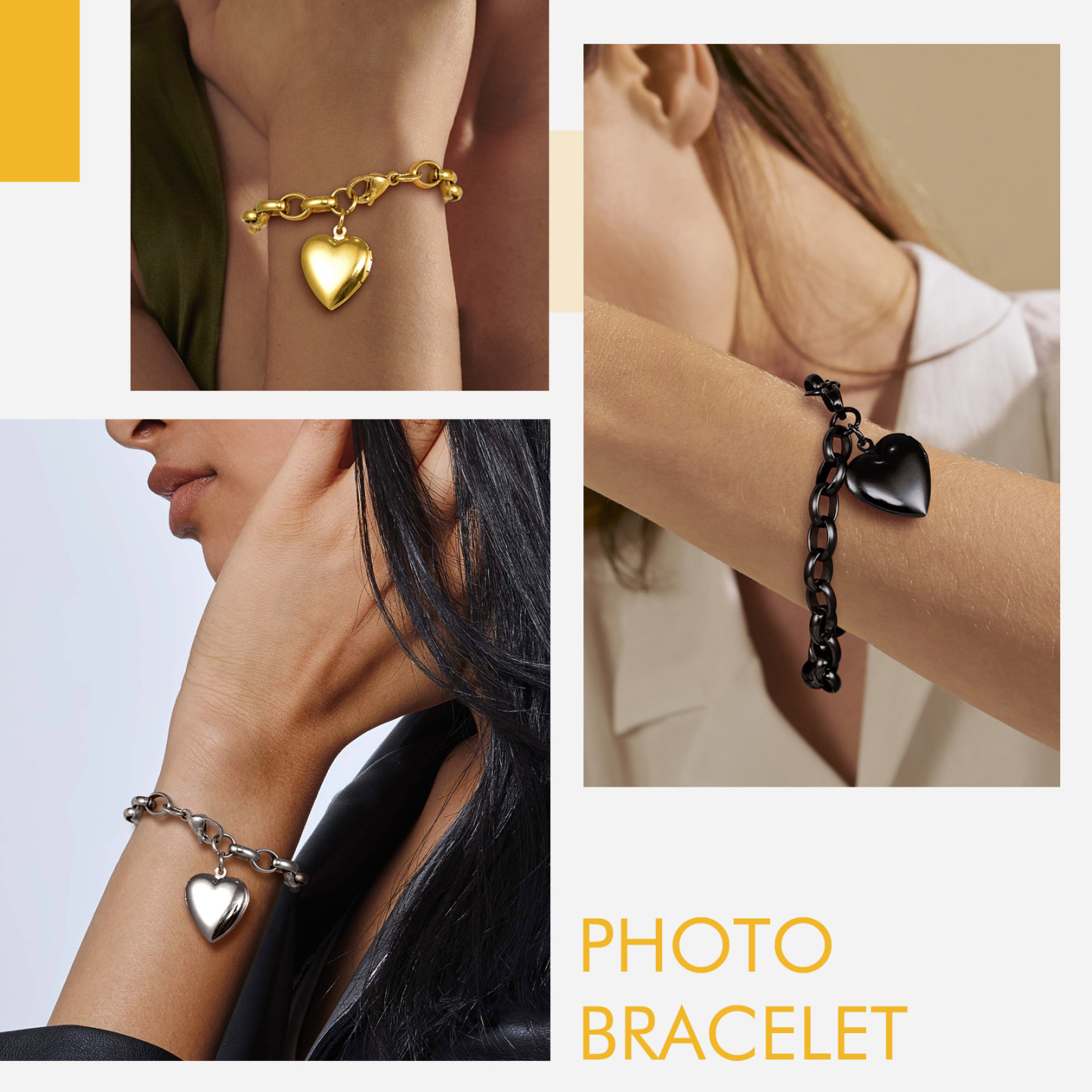 Custom Photo Personalized Engraved Heart Charm Bracelet model show