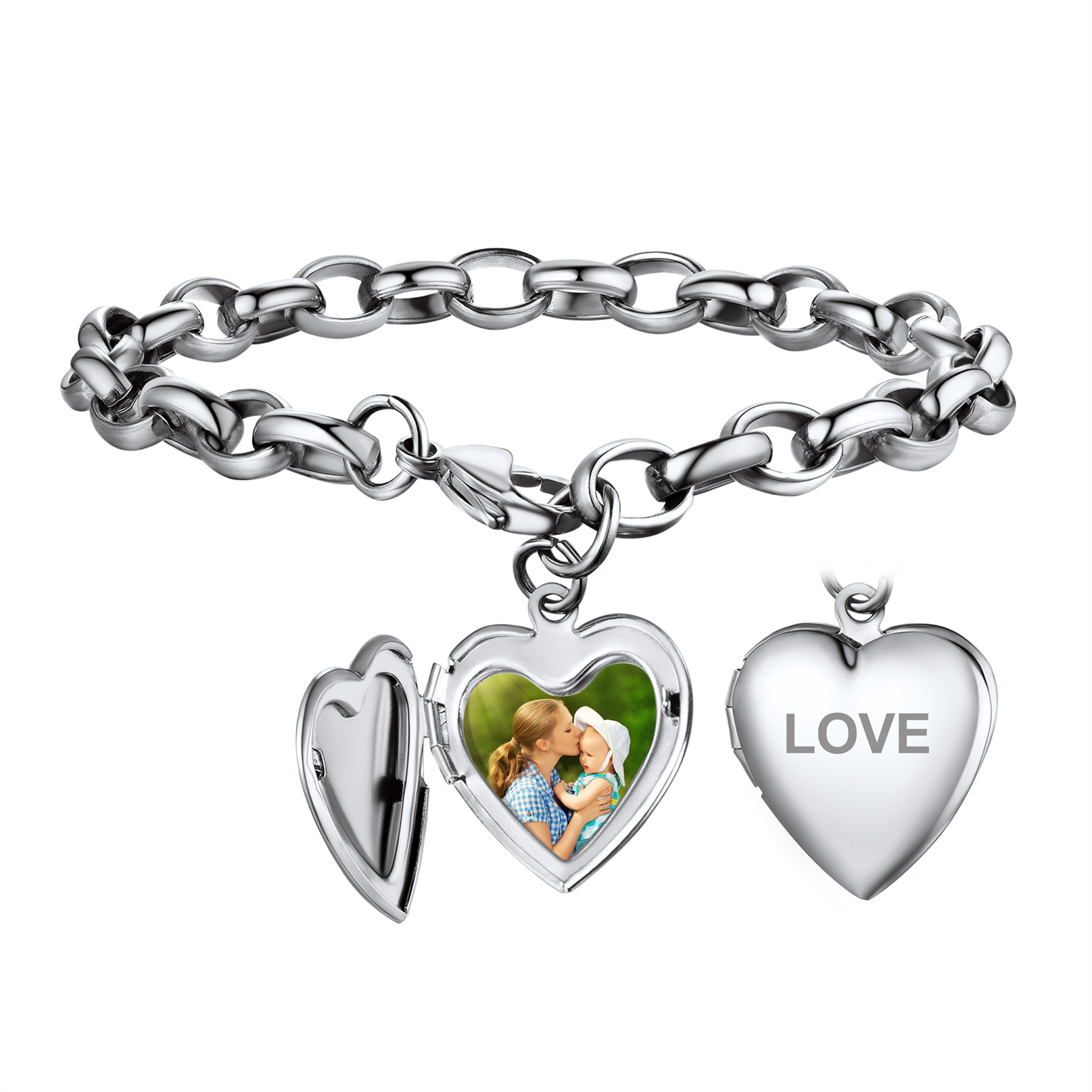 Name Engraved for Women Custom Photo Heart Charm Bracelet 