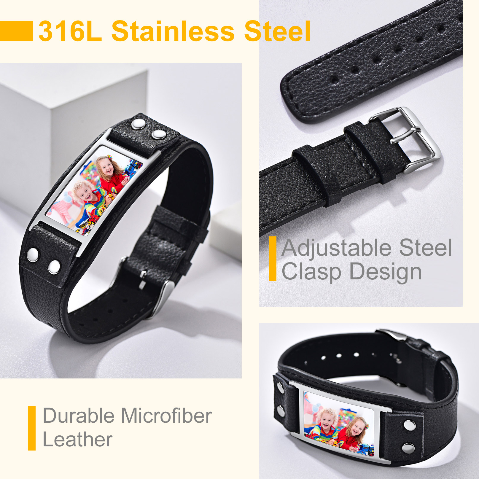 Custom Leather Band Bracelet with Picture for Men stainless steel