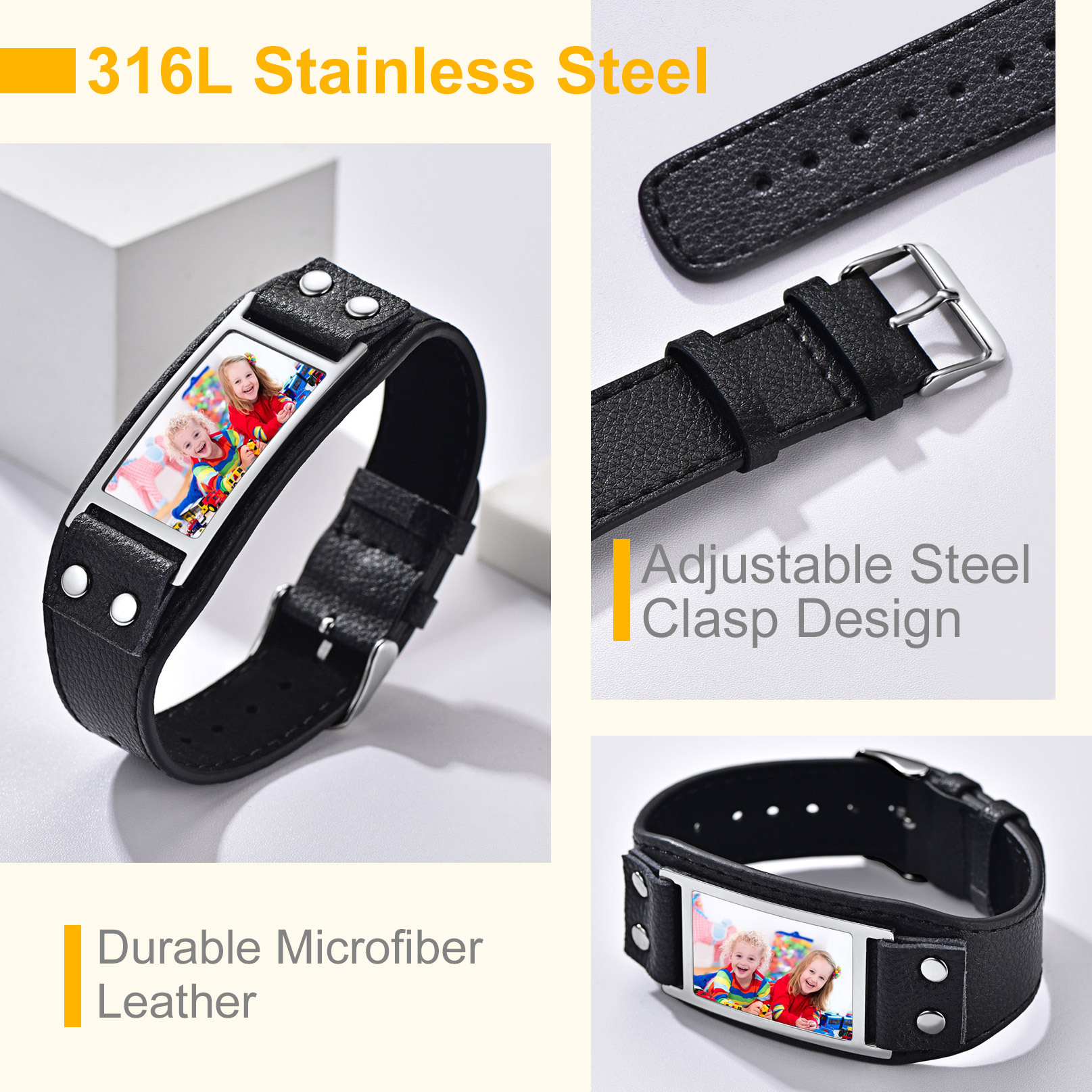 Custom Leather Band Bracelet with Picture for Men stainless steel