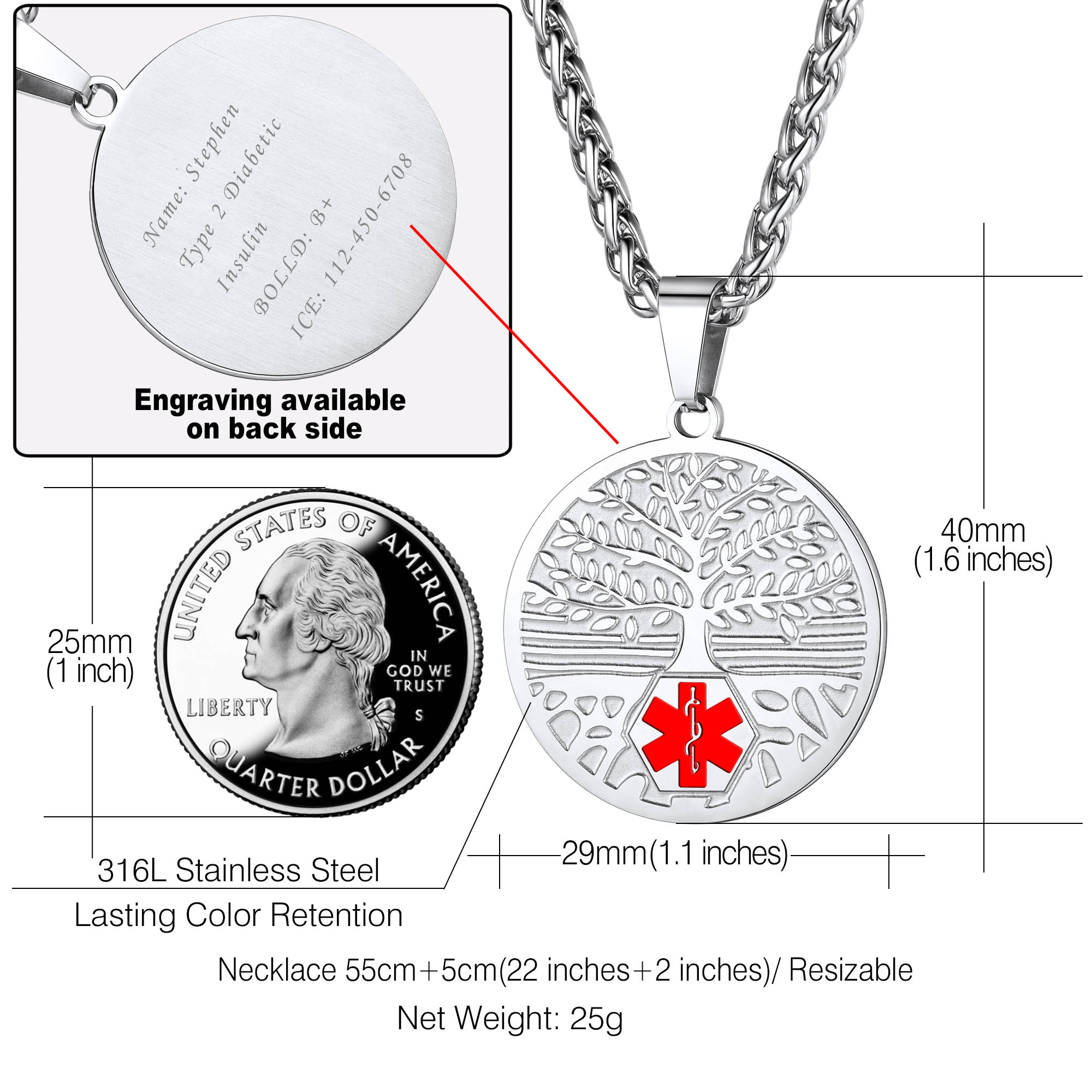 Customize Medical Alert Health Emergency ID Stainless Steel Pendant Necklace