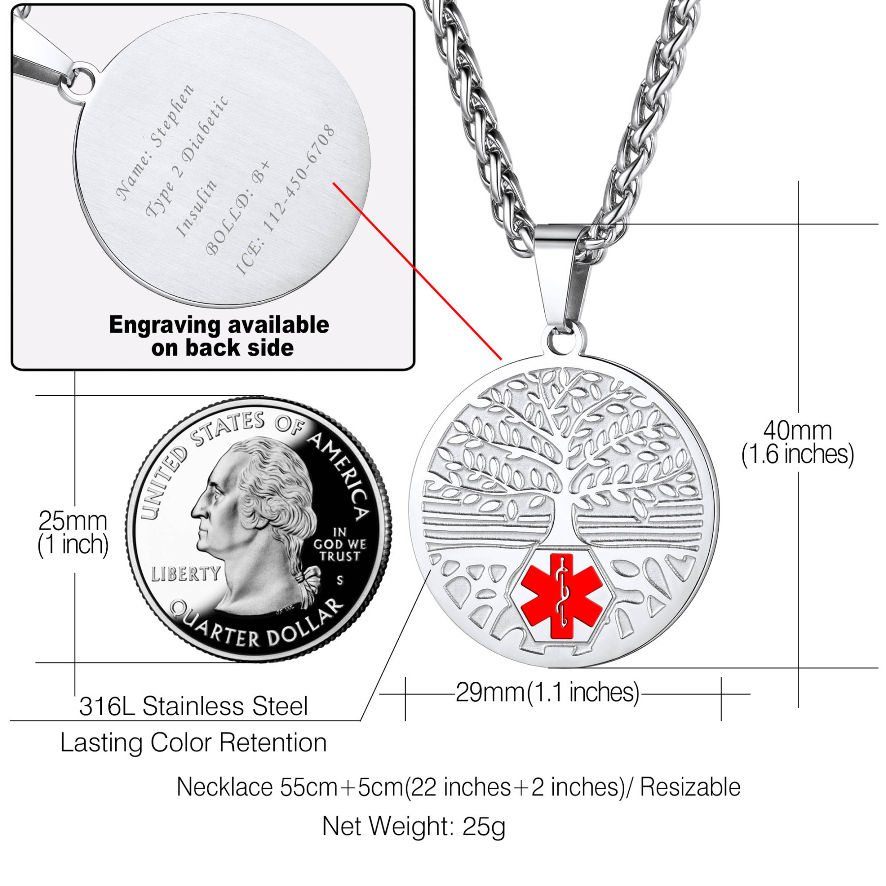 Customize Medical Alert Health Emergency ID Stainless Steel Pendant Necklace