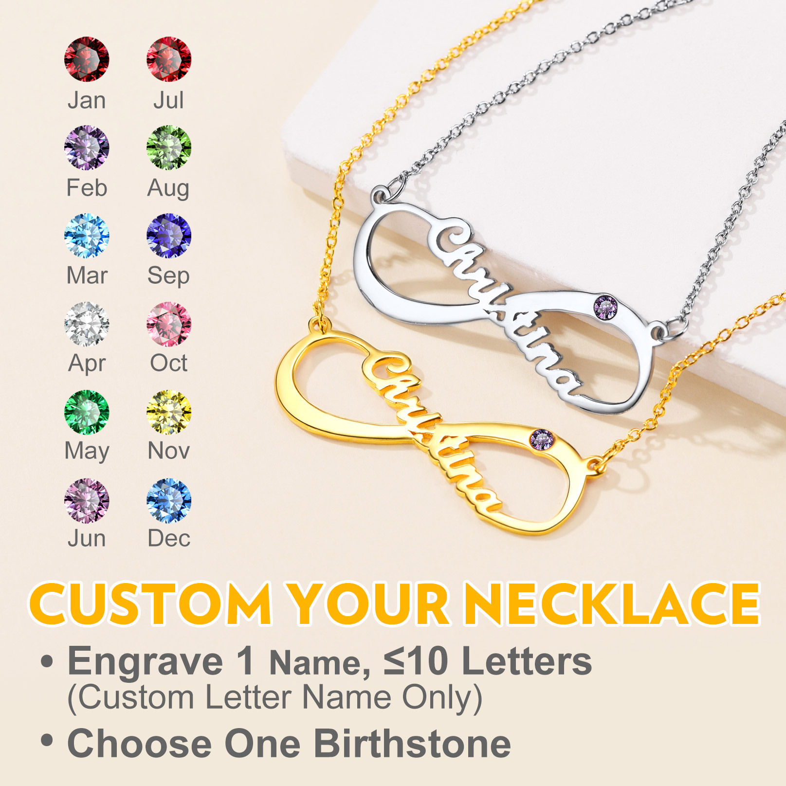 Personalized Birthstone Infinity Necklace with Name for Women custom