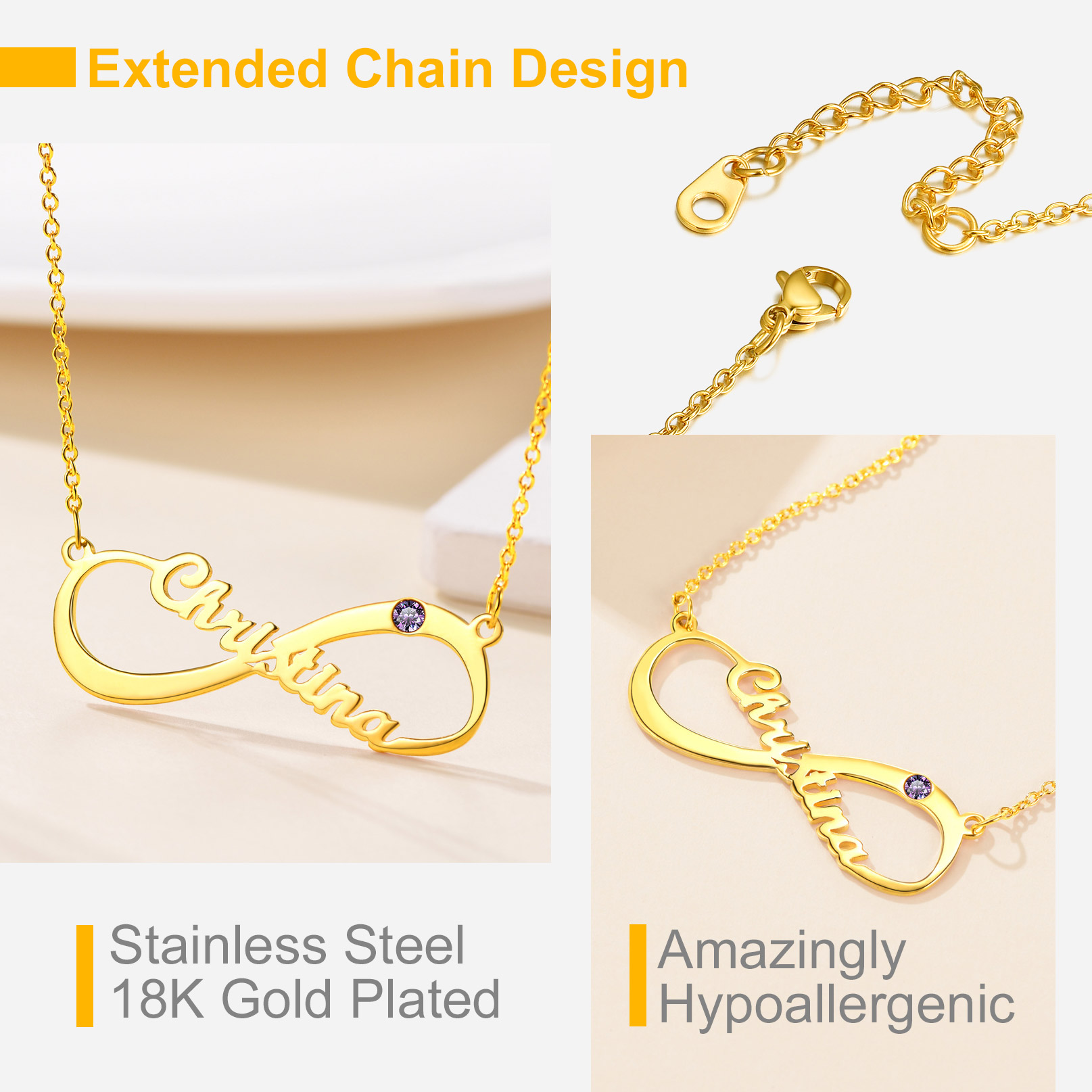 Personalized Birthstone Infinity Necklace with Name for Women detail