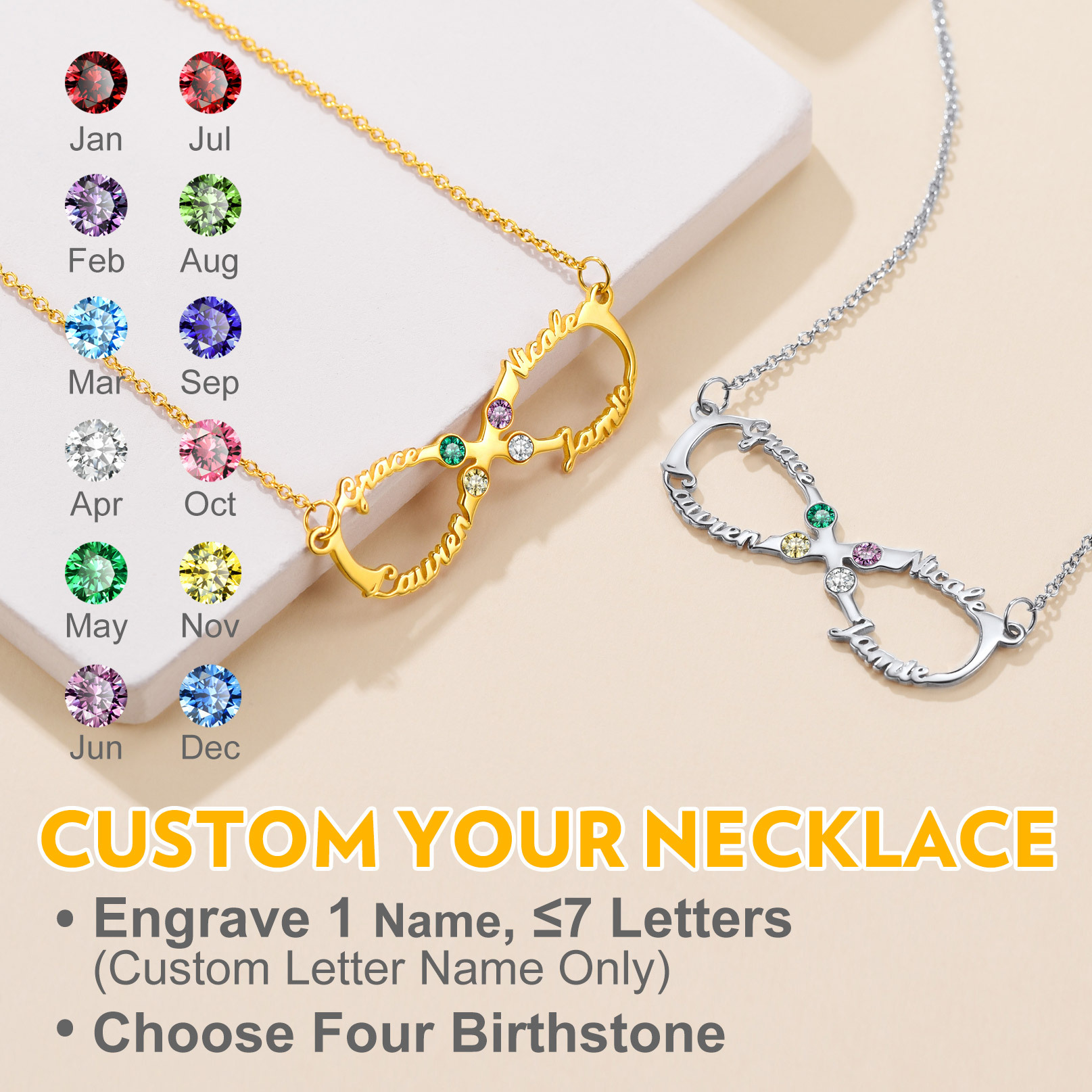 CUSTOM Birthstone Infinity Name Necklace for Women engraved