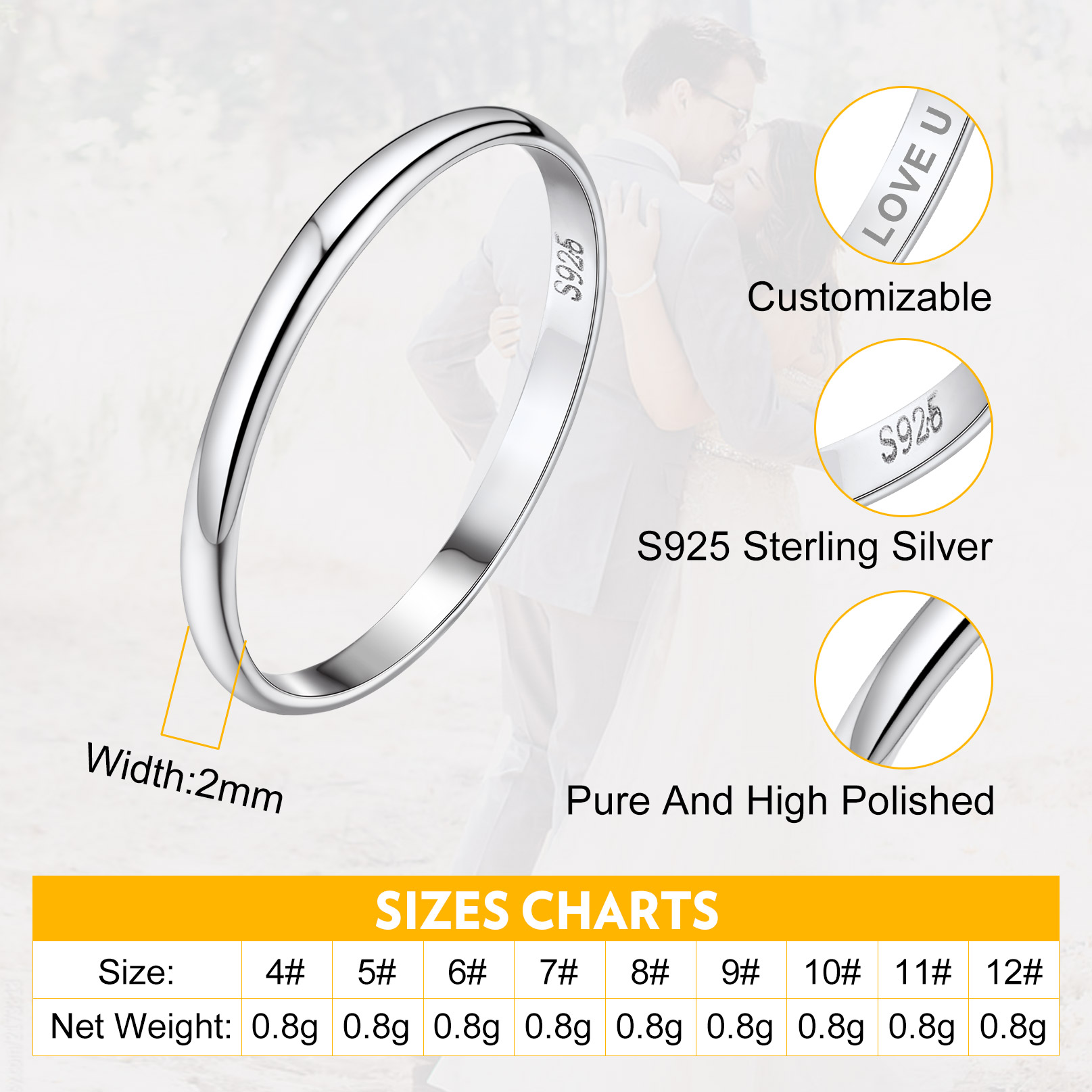 Personalized Sterling Silver Band Ring for Couple