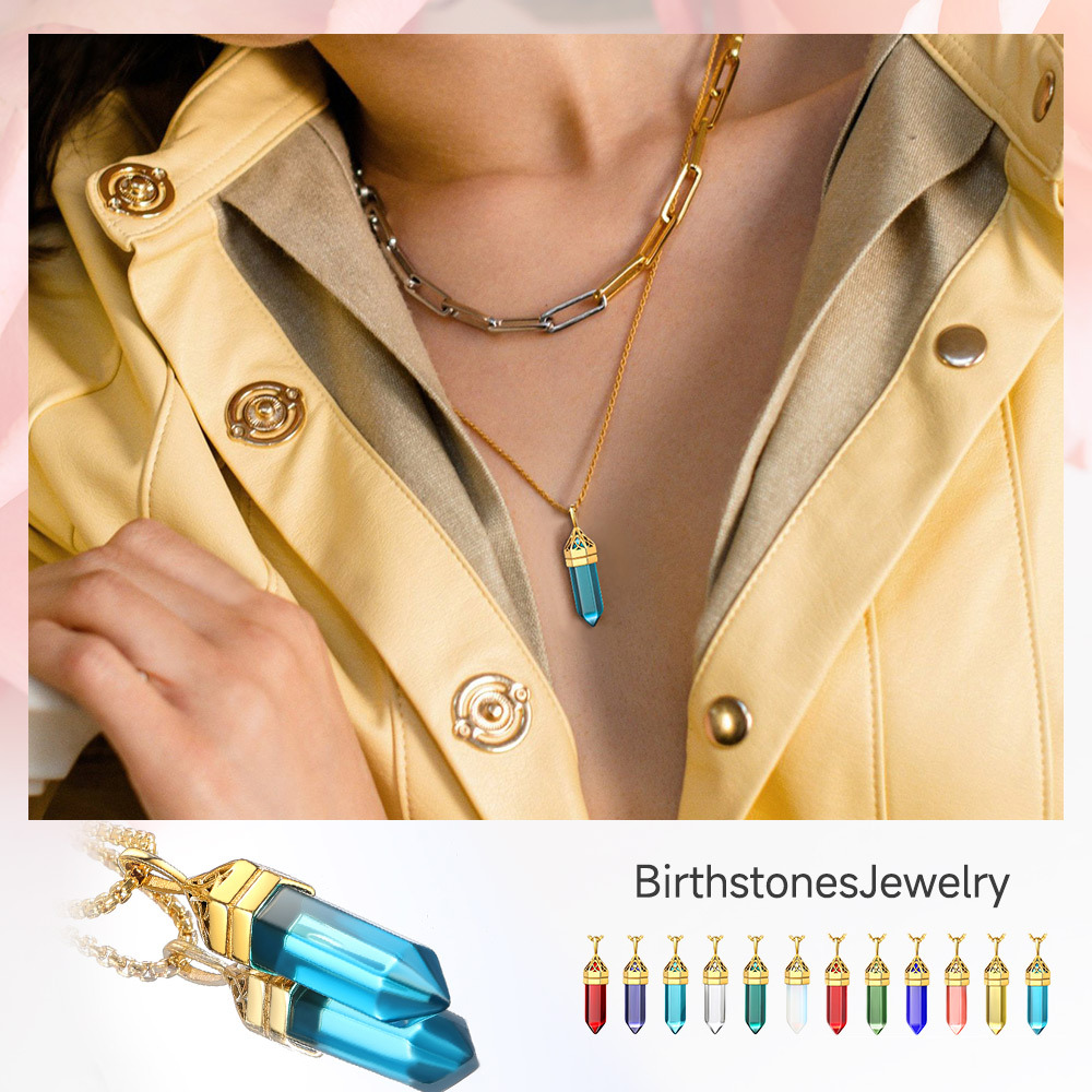 Crystal Pendant Hexagonal Synthetic Birthstone Neckclace 