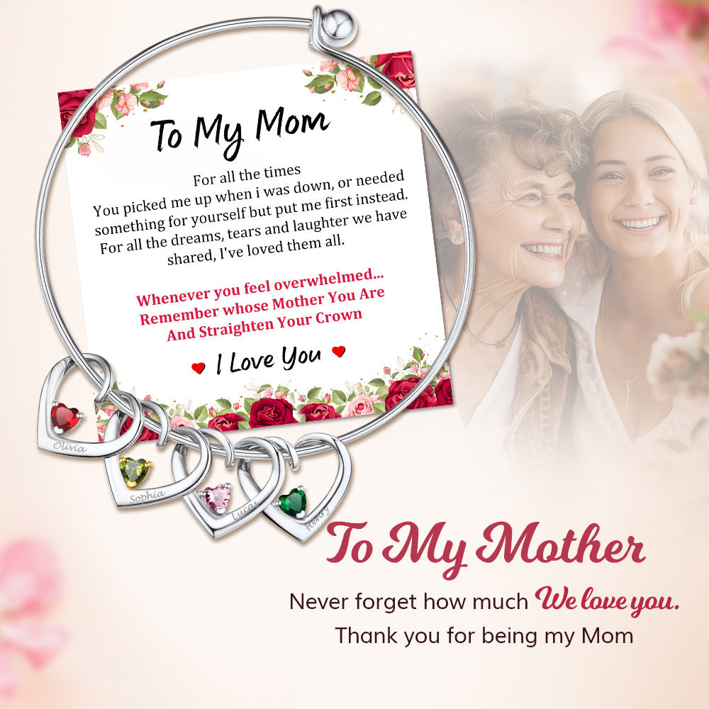 Family Heart Birthstone Bangle for Mom