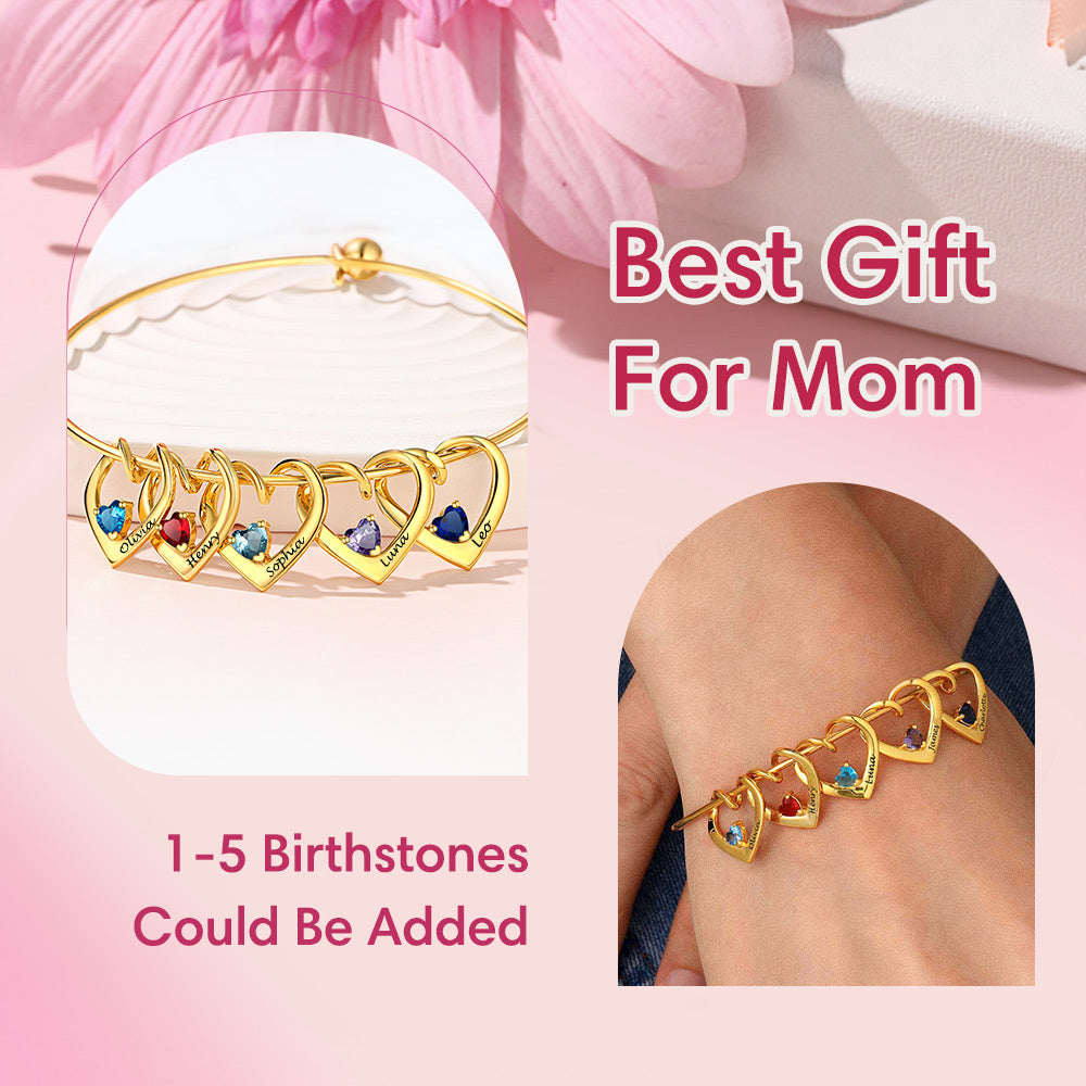 Personalized Family Heart Birthstone Bangle Bracelet gift for Mom