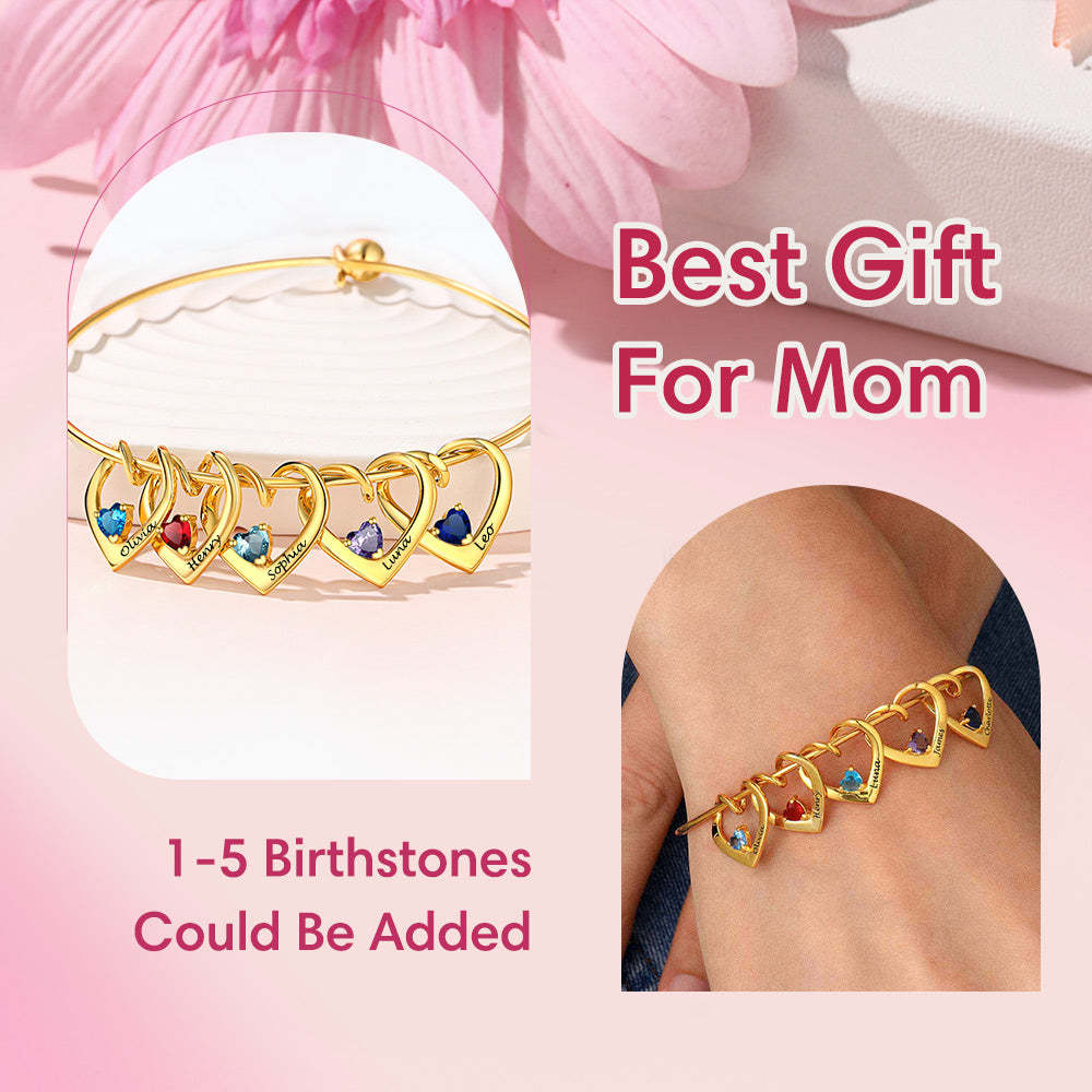 Personalized Family Heart Birthstone Bangle Bracelet gift for Mom