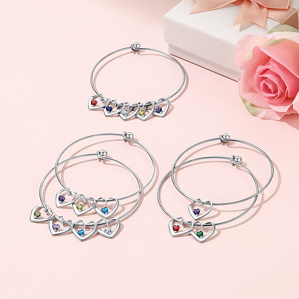 Personalized Family Heart Birthstone Bangle Bracelet for Mom silver