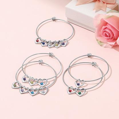 Personalized Family Heart Birthstone Bangle Bracelet for Mom silver