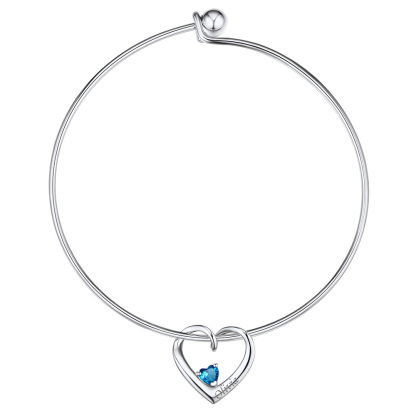 Personalized Family 1 Heart Birthstone Bangle Bracelet for Mom silver