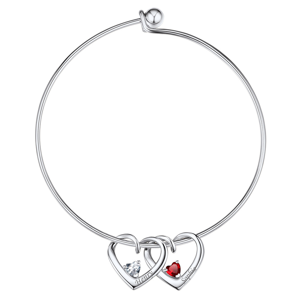 Personalized Family 2 Hearts Birthstone Bangle Bracelet for Mom Silver
