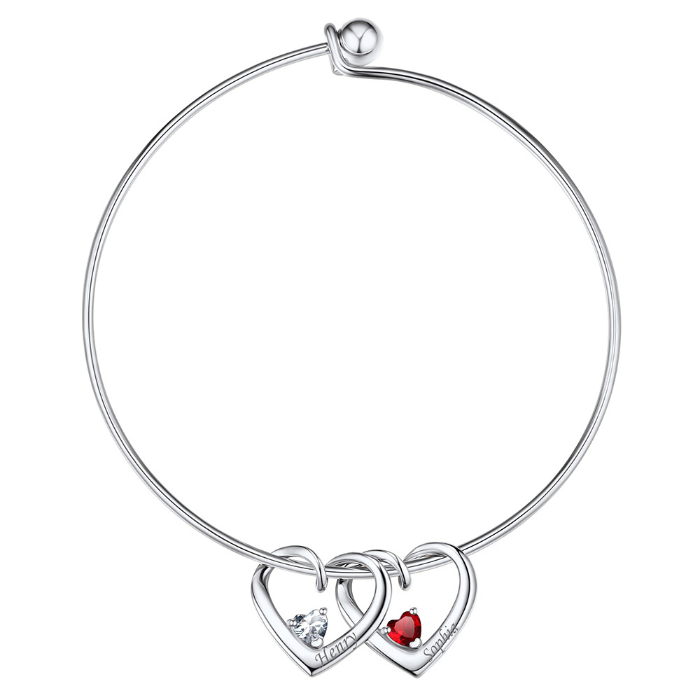 Personalized Family 2 Hearts Birthstone Bangle Bracelet for Mom Silver