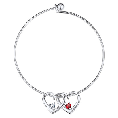 Personalized Family 2 Hearts Birthstone Bangle Bracelet for Mom Silver